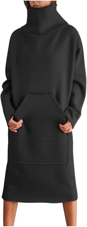 XUNRYAN Women's Hoodie Dress High Neck Fleece Hooded Dress with Kangaroo Pocket Plus Size Hoodies Sweatshirts Fashion Clothes