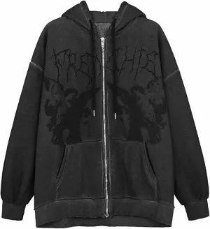 Y2K Hoodies for Women Full Zip Up Print Graphic Oversized Pockets Hooded Jacket 90s Long Sleeve Sweatshirt Streetwear Cyber