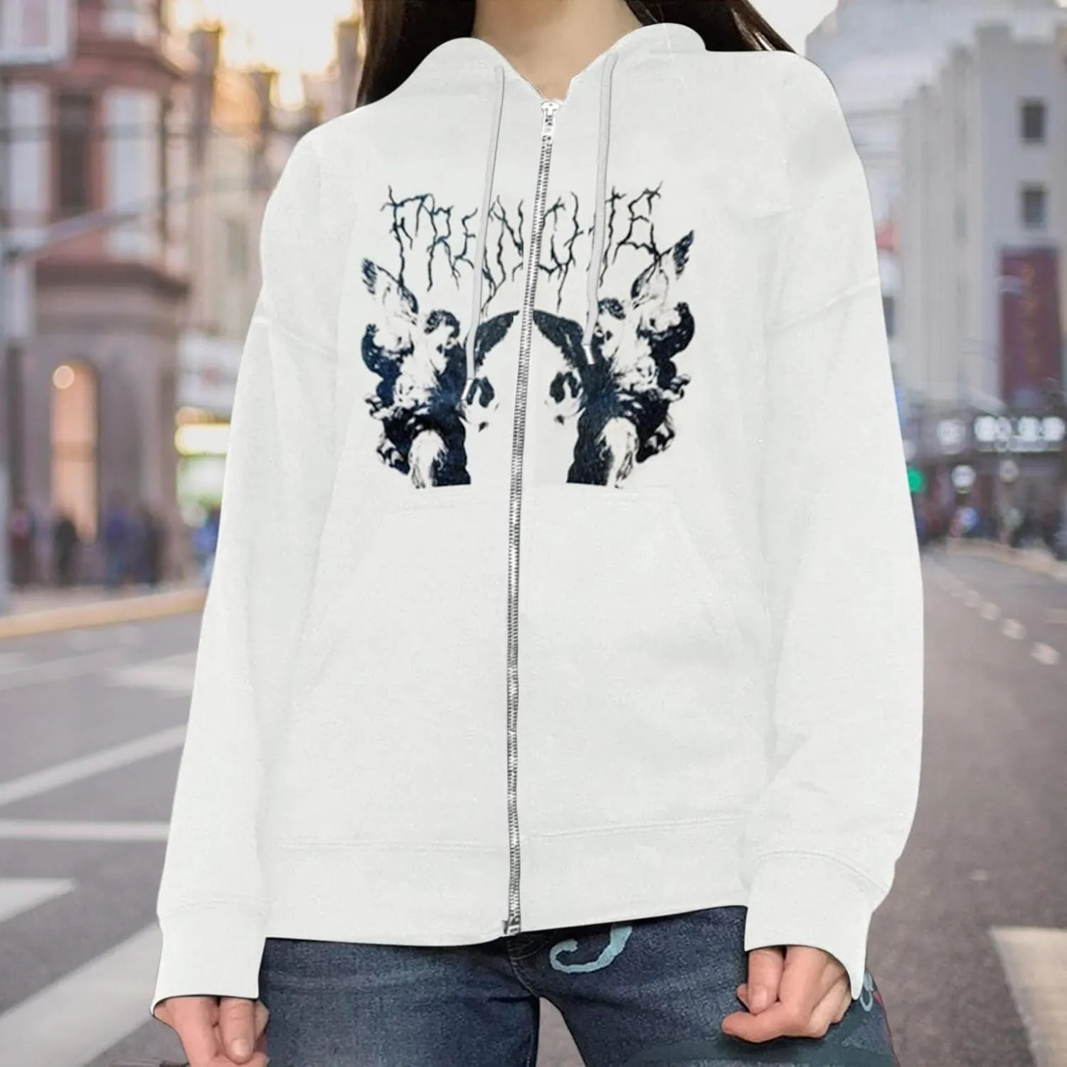 Y2K Hoodies for Women Full Zip Up Print Graphic Oversized Pockets Hooded Jacket 90s Long Sleeve Sweatshirt Streetwear Cyber