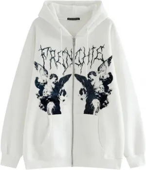 Y2K Hoodies for Women Full Zip Up Print Graphic Oversized Pockets Hooded Jacket 90s Long Sleeve Sweatshirt Streetwear Cyber