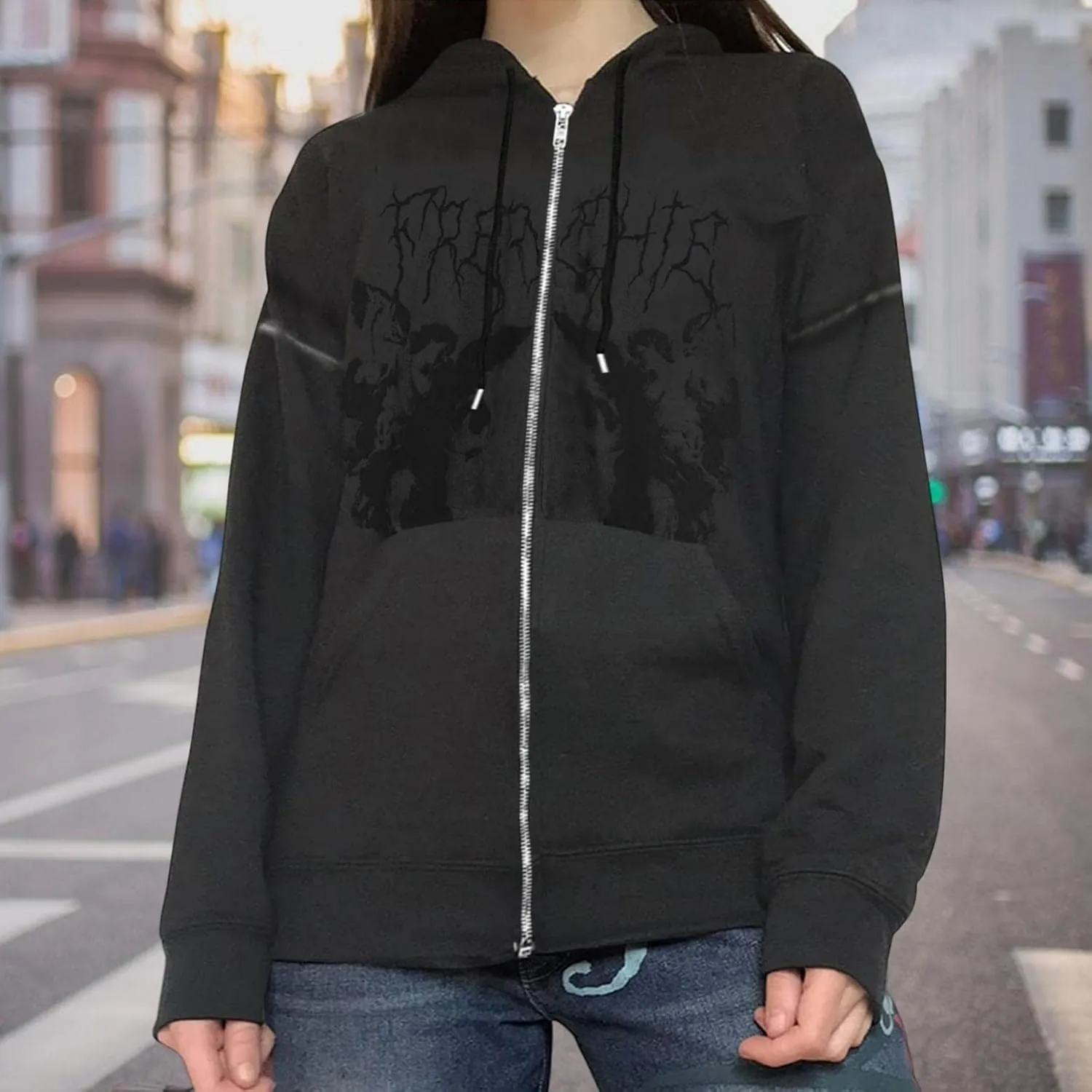 Y2K Hoodies for Women Full Zip Up Print Graphic Oversized Pockets Hooded Jacket 90s Long Sleeve Sweatshirt Streetwear Cyber