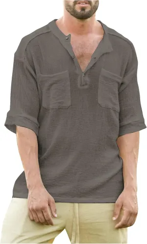 Ymosrh Men's Shirts Summer Loose Casual Cotton Linen Short Sleeve Top Solid Color Short T-Shirt Shirts