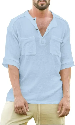 Ymosrh Men's Shirts Summer Loose Casual Cotton Linen Short Sleeve Top Solid Color Short T-Shirt Shirts