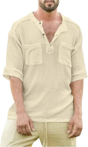 Ymosrh Men's Shirts Summer Loose Casual Cotton Linen Short Sleeve Top Solid Color Short T-Shirt Shirts