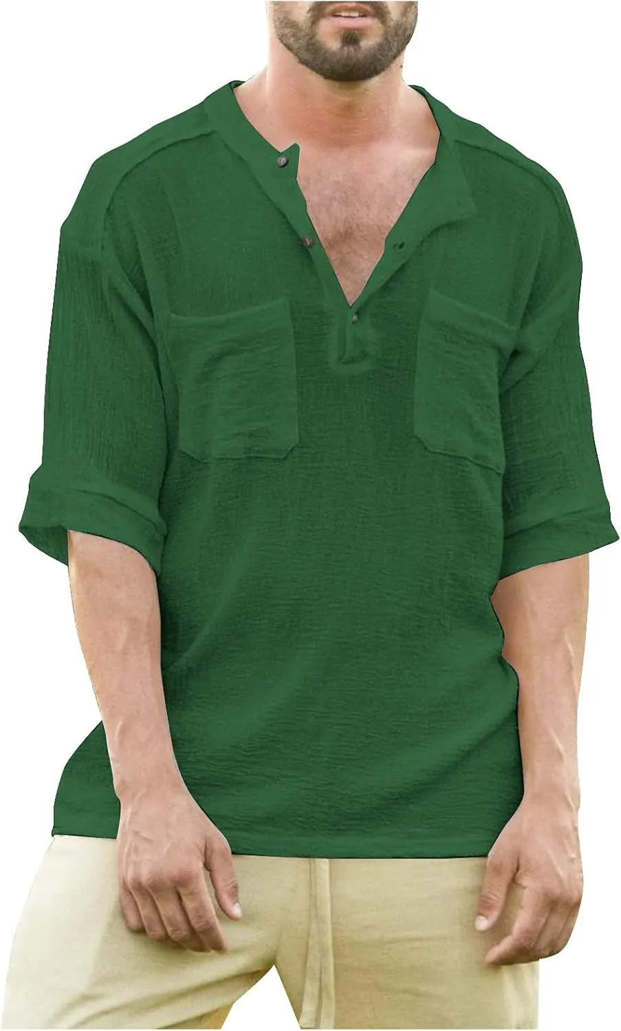Ymosrh Men's Shirts Summer Loose Casual Cotton Linen Short Sleeve Top Solid Color Short T-Shirt Shirts