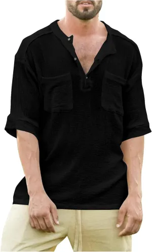 Ymosrh Men's Shirts Summer Loose Casual Cotton Linen Short Sleeve Top Solid Color Short T-Shirt Shirts