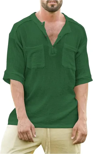 Ymosrh Men's Shirts Summer Loose Casual Cotton Linen Short Sleeve Top Solid Color Short T-Shirt Shirts