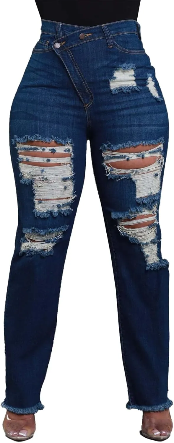 YOOTIKO Womens Skinny Ripped Jeans Crossover High Waisted Boyfriend Stretch Distressed Denim Pants