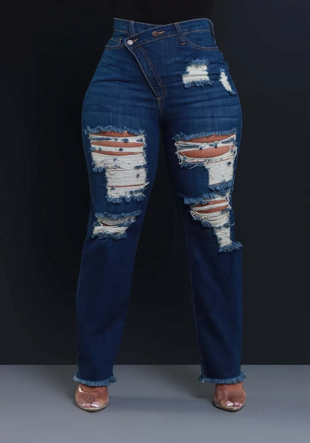 YOOTIKO Womens Skinny Ripped Jeans Crossover High Waisted Boyfriend Stretch Distressed Denim Pants