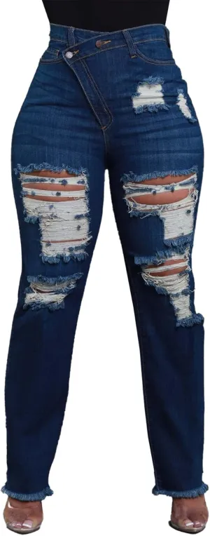 YOOTIKO Womens Skinny Ripped Jeans Crossover High Waisted Boyfriend Stretch Distressed Denim Pants